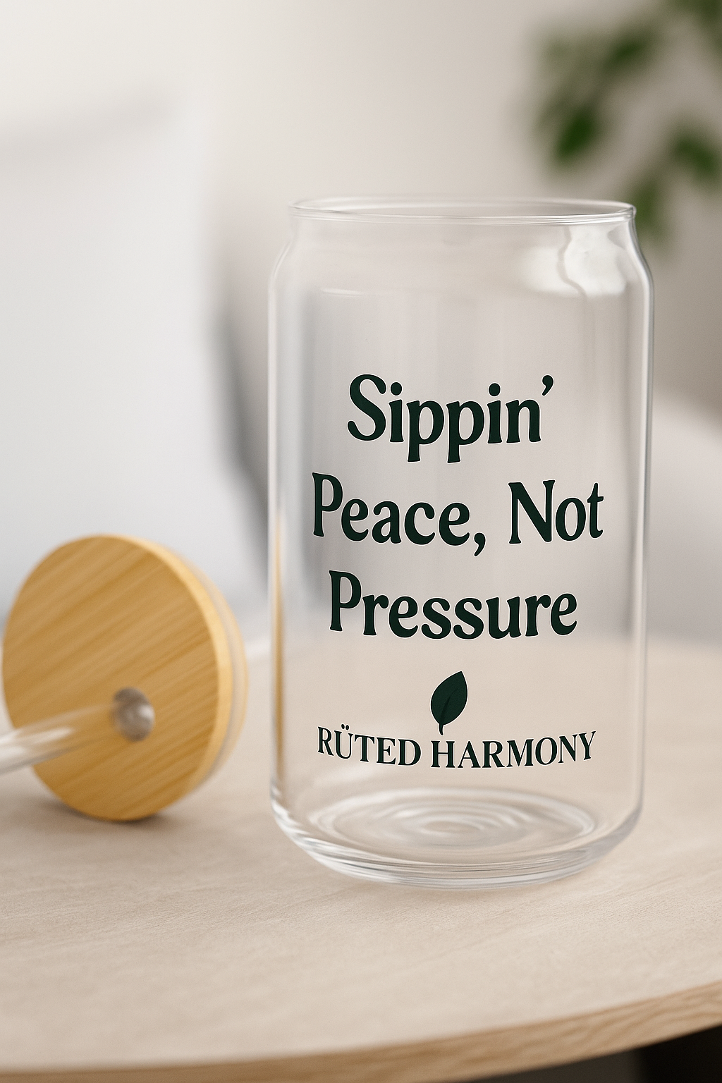 Sippin’ Peace Not Pressure Glass – 16oz Eco-Friendly Glass Cup with Bamboo Lid & Straw | Inspirational Drinkware by RÜTED HARMONY