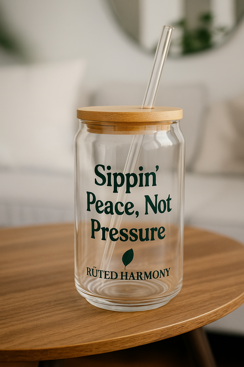 Sippin’ Peace Not Pressure Glass – 16oz Eco-Friendly Glass Cup with Bamboo Lid & Straw | Inspirational Drinkware by RÜTED HARMONY