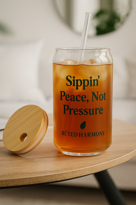Sippin’ Peace Not Pressure Glass – 16oz Eco-Friendly Glass Cup with Bamboo Lid & Straw | Inspirational Drinkware by RÜTED HARMONY