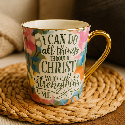 ✨ Scripture-Inspired Floral Mug – “I Can Do All Things Through Christ” ✨